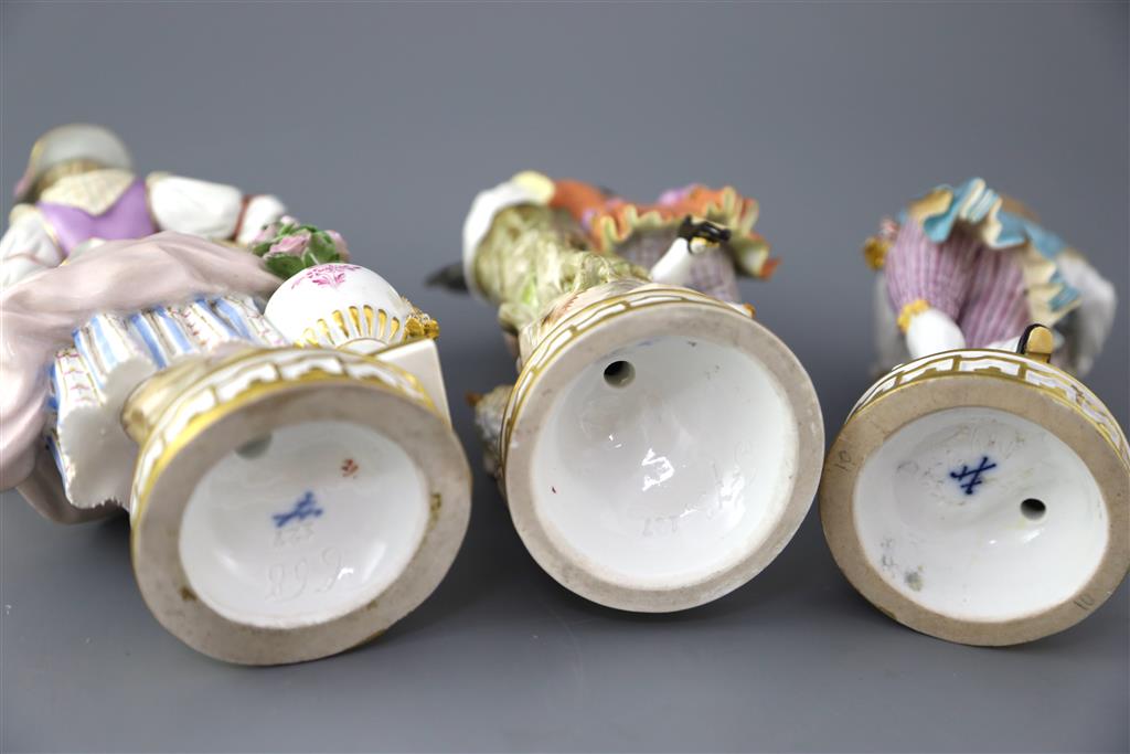 Three Meissen porcelain figures, late 19th century, 18cm - 19cm high